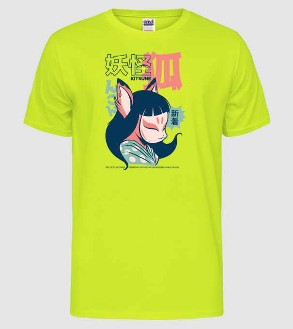 Kitsune Yokai Anime model galben neon pe tricou