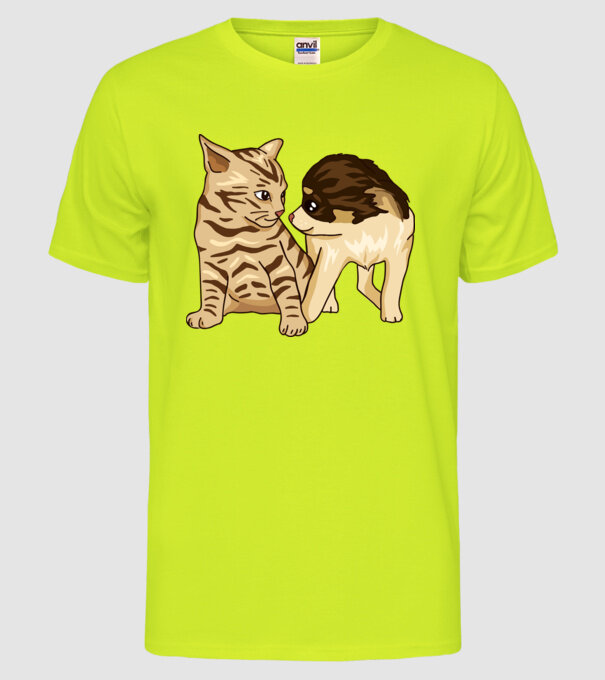 cuplu drăguț câine și pisică model galben neon pe tricou
