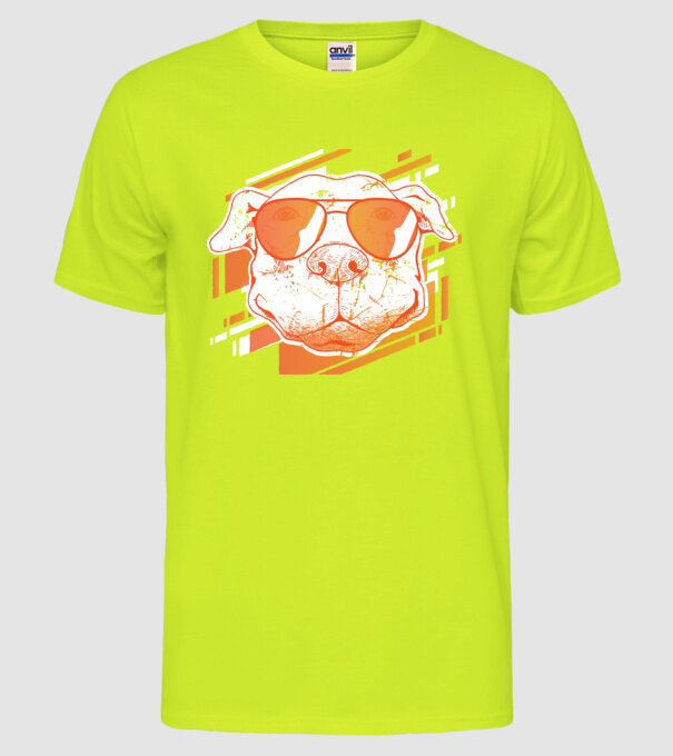 Pitbull Cool în ochelari de soare model galben neon pe tricou