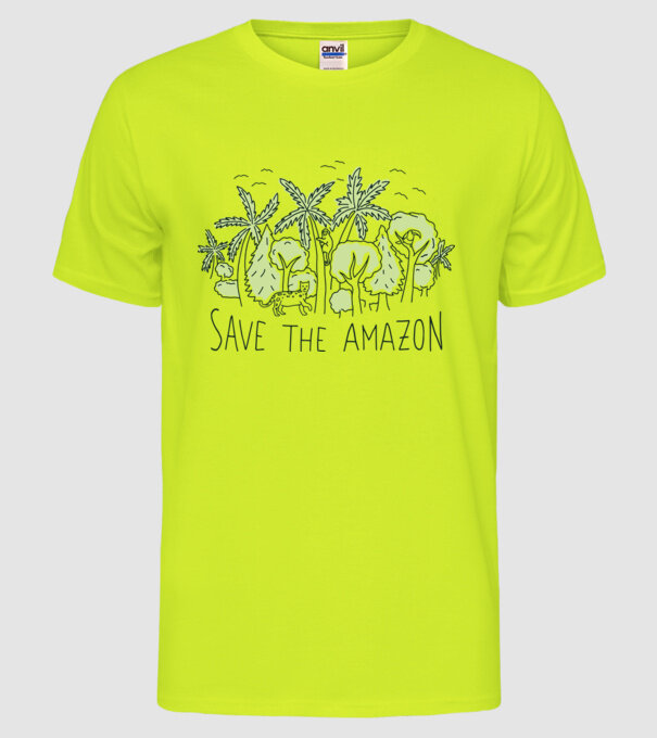 Salvează Pădurea Amazoniană model galben neon pe tricou