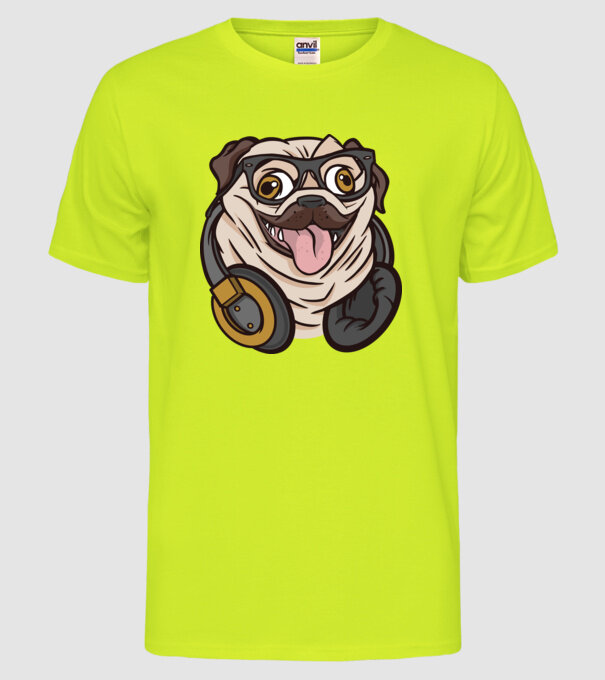 Mops cu căști model galben neon pe tricou