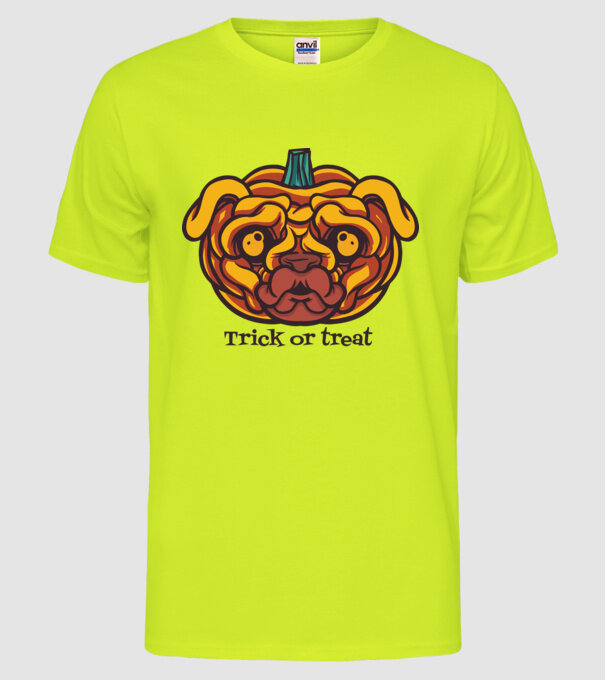 Mops cap de dovleac Halloween model galben neon pe tricou