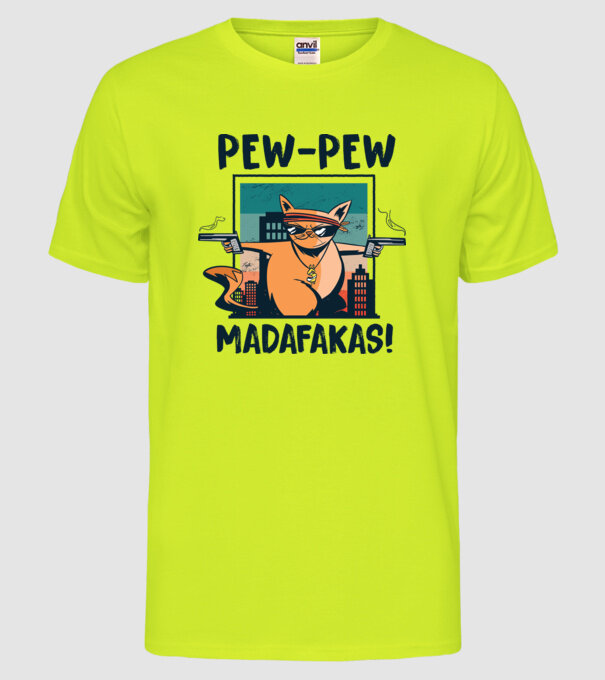 Pew Pew Pew Madafakas Pisică dark model galben neon pe tricou