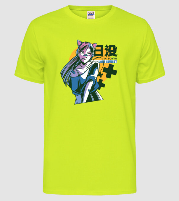 Fată Anime Sunset Tokyo model galben neon pe tricou