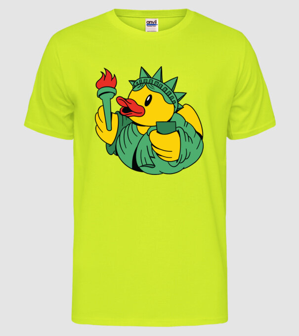 Rățușcă de cauciuc Statuia Libertății model galben neon pe tricou
