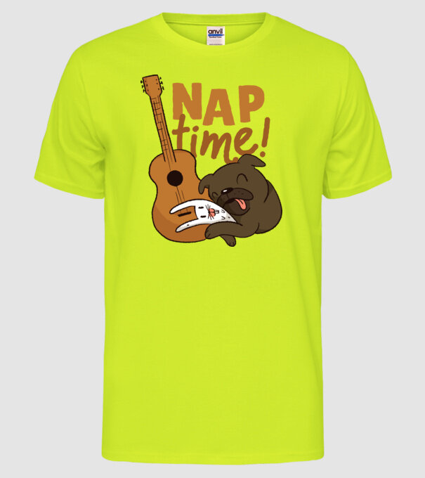 Timp pentru siestă - mops drăguț cu iepuraș și chitară model galben neon pe tricou