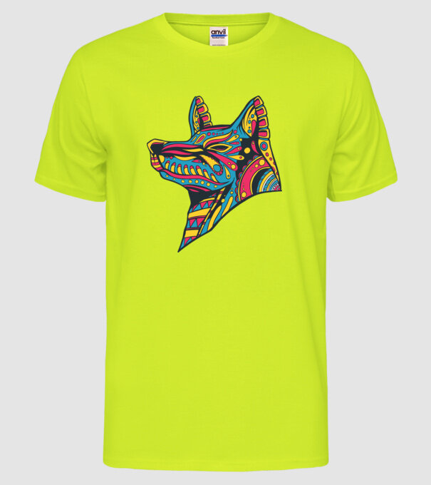 Cap de lup colorat model galben neon pe tricou