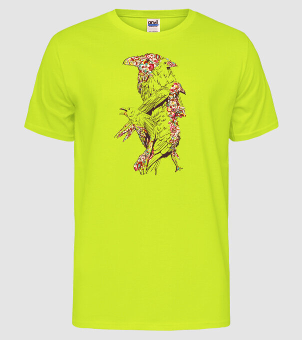 Păsări colorate model galben neon pe tricou