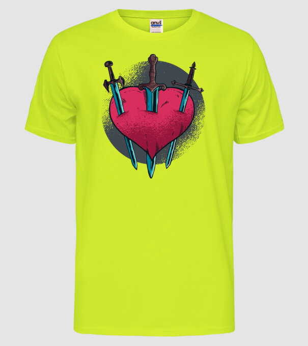 Inimă cu săbii model galben neon pe tricou