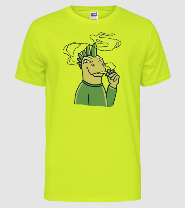 Dinozaur fumător model galben neon pe tricou