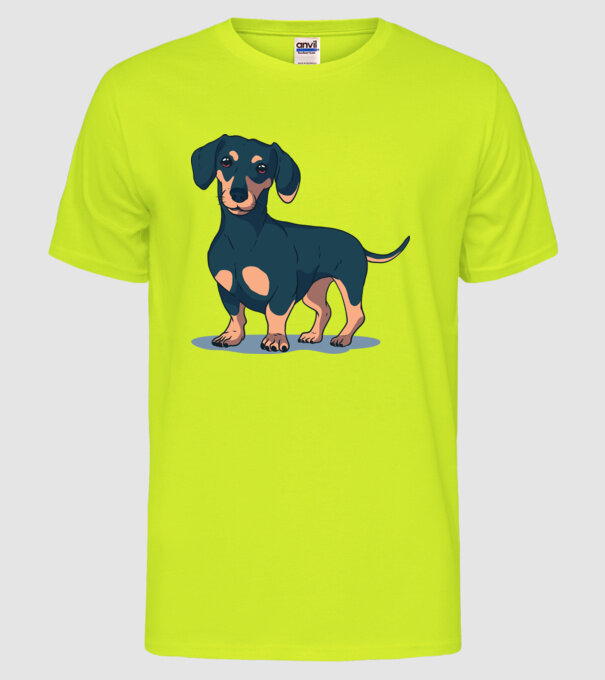 Tricou cu Câine teckel drăguț model galben neon pe tricou