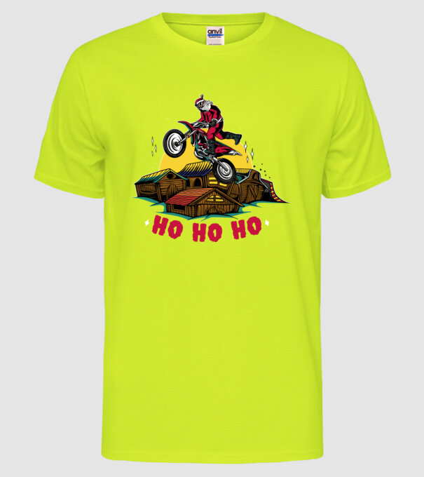 Moș Crăciun pe motocicletă Cross model galben neon pe tricou