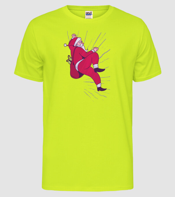 Moș Crăciun se cațără cu cadouri - tricou Crăciun model galben neon pe tricou