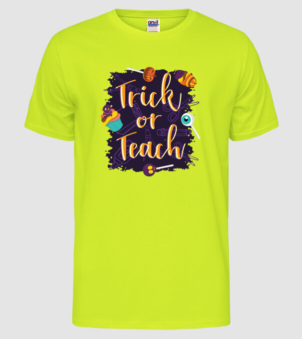 Trick or Teach Halloween pentru profesori model galben neon pe tricou