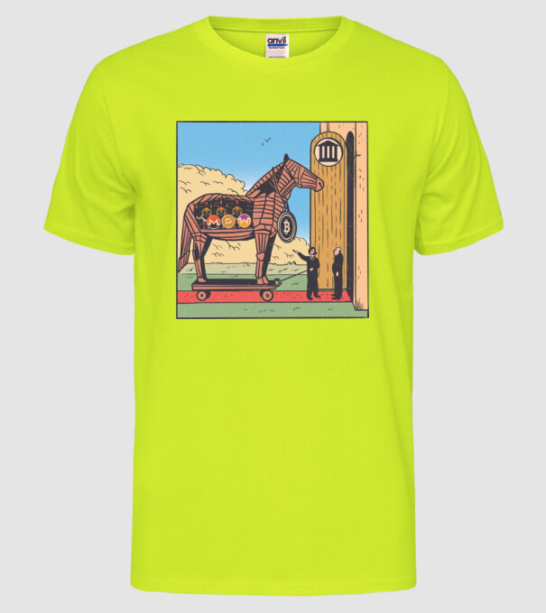Cal troian Bitcoin model galben neon pe tricou