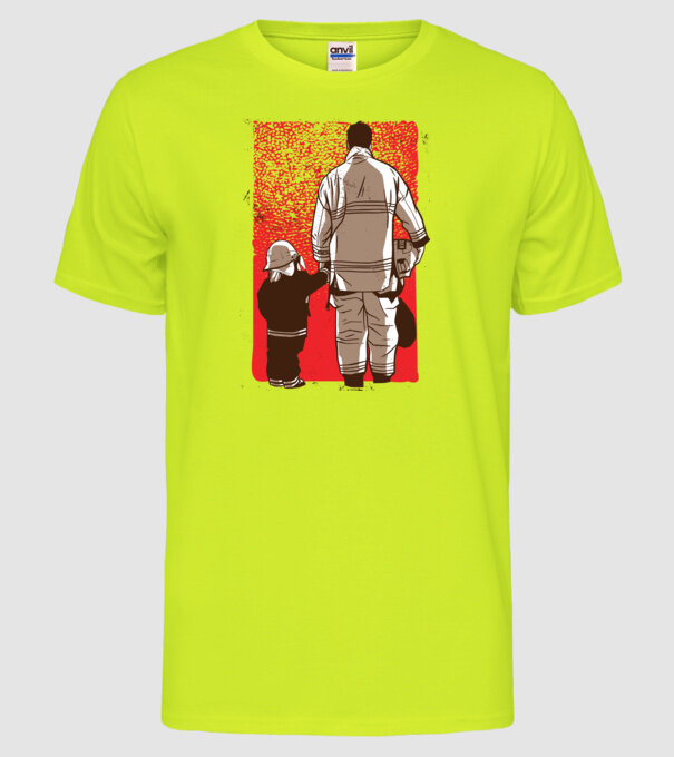 Tricou Pompier tată și fiu model galben neon pe tricou