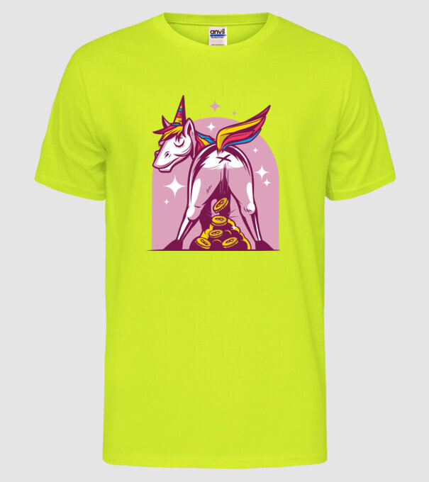 Unicorn Bitcoin model galben neon pe tricou