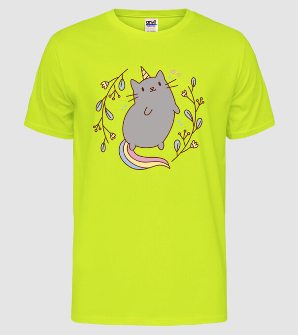 Pisică Unicorn model galben neon pe tricou