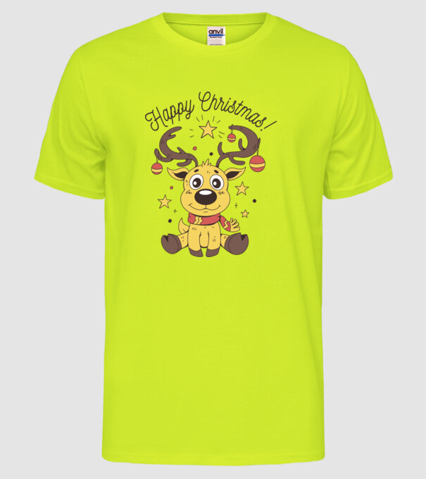 Happy Christmas Reindeer Alb model galben neon pe tricou