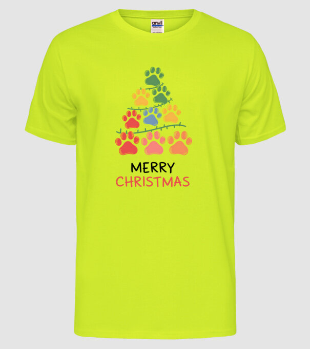 Merry Christmas Paws Alb model galben neon pe tricou