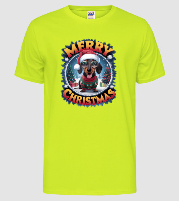 Merry Christmas Teckel model galben neon pe tricou