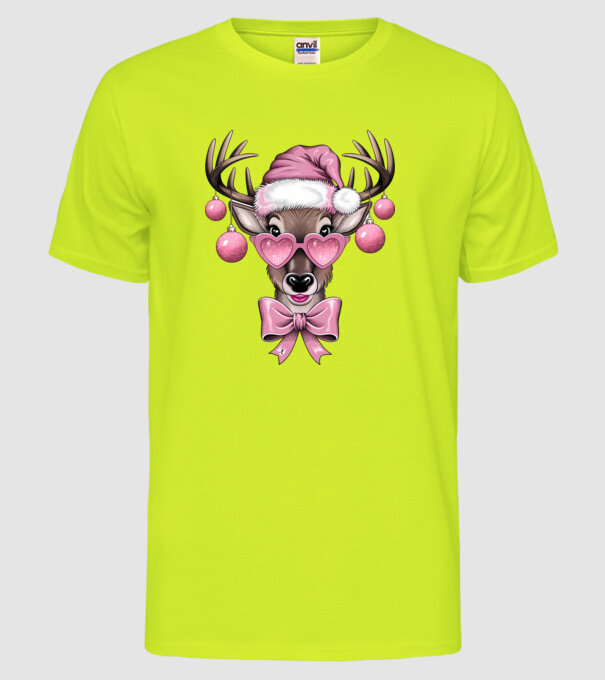 Pink Xmas Reindeer model galben neon pe tricou
