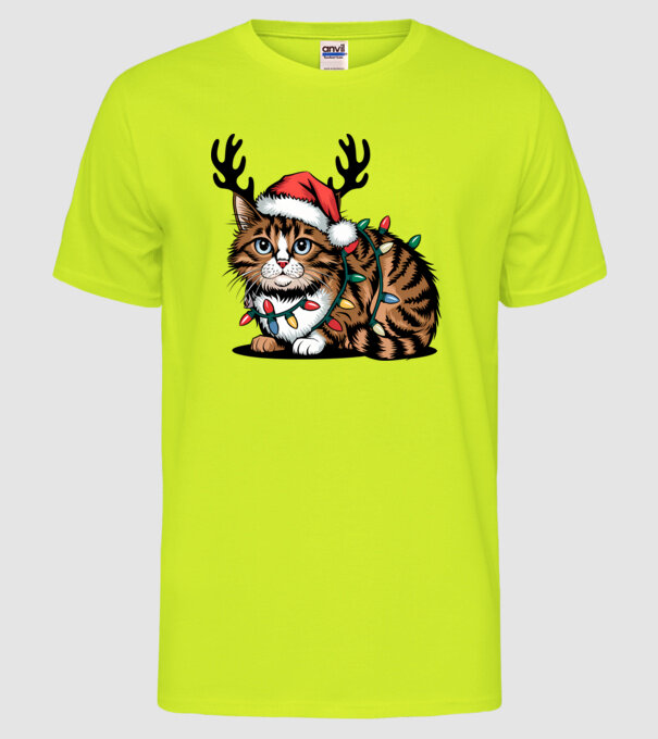 Pisica de craciun model galben neon pe tricou