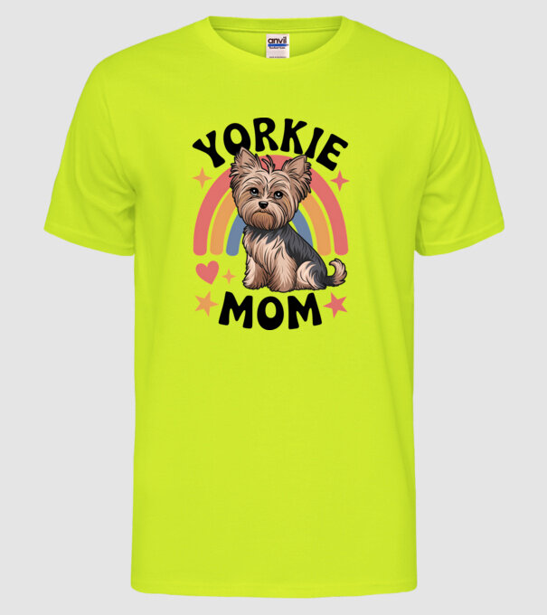 Yorkie Mom Alb model galben neon pe tricou