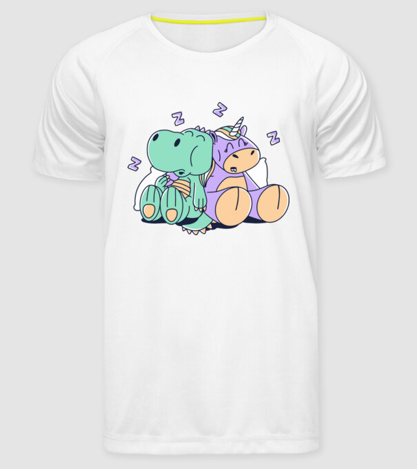 Unicorn adormit și T-rex model alb pe tricou