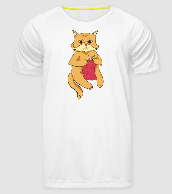 Pisică croșetând model alb pe tricou