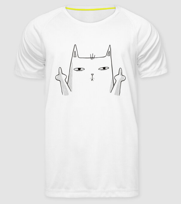 Pisică desen arată degetul model alb pe tricou