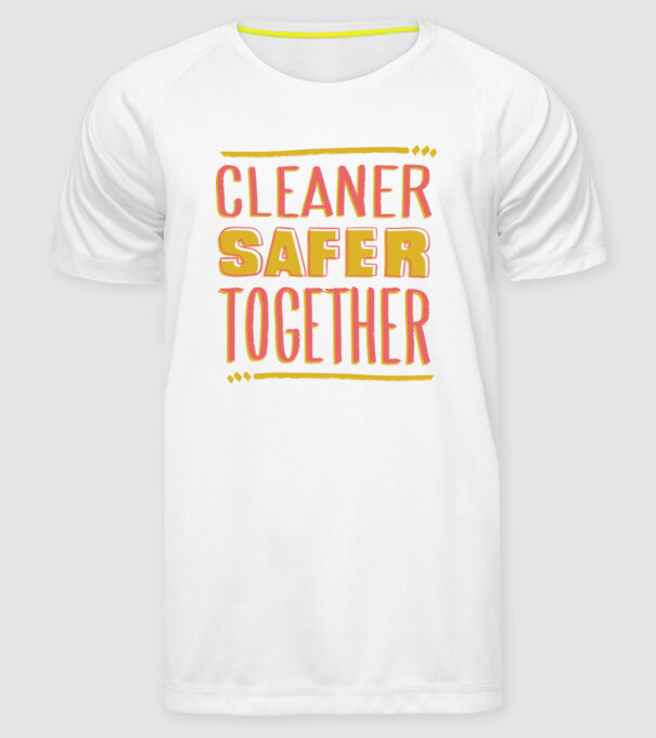 Cleaner Safer Together model alb pe tricou