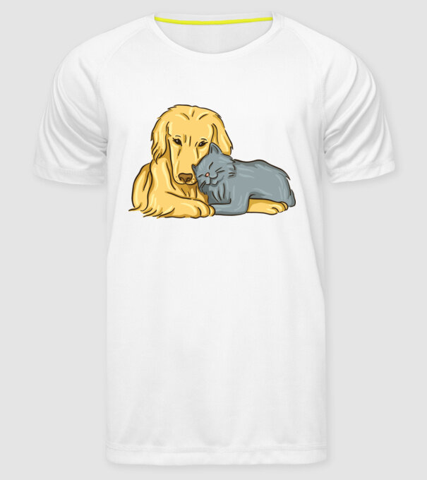 câine pisică drăguță împreună model alb pe tricou