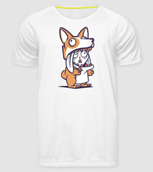 Iepuraș drăguț în costum Corgi model alb pe tricou