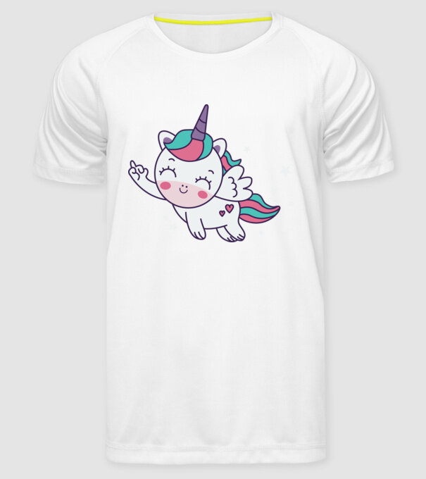 Unicorn drăguț arată degetul model alb pe tricou