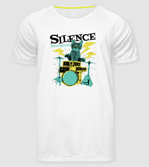 Pisică Baterist - Silence Destroyer model alb pe tricou