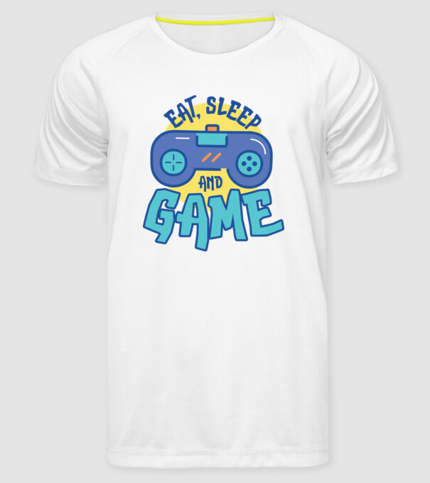 Eat Sleep and Game model alb pe tricou