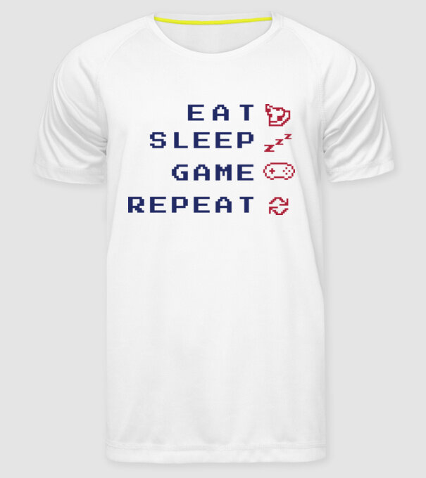 Eat Sleep Game Repeat model alb pe tricou