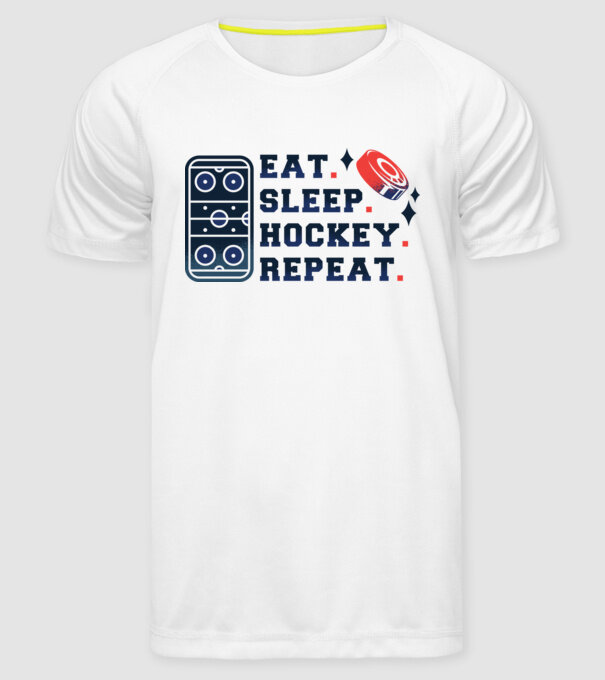 Eat Sleep Hockey Repeat model alb pe tricou