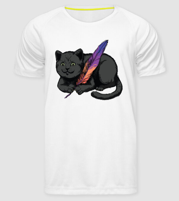 Pisicuță neagră cu pene model alb pe tricou