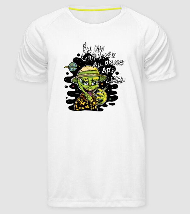 Alien drogat model alb pe tricou