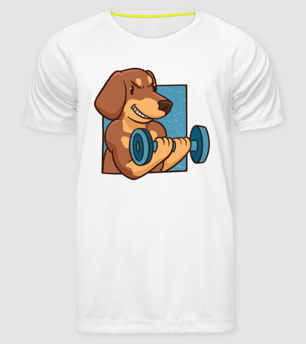 Teckel body builder model alb pe tricou