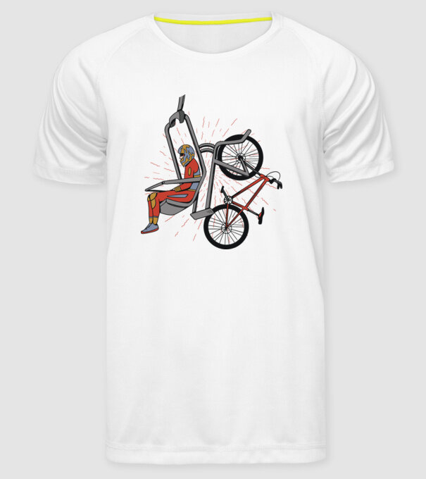Biciclist montain bike pe teleferic model alb pe tricou