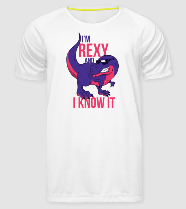 'I''m Rexy and I know it - tricou dinozaur amuzant' model alb pe tricou