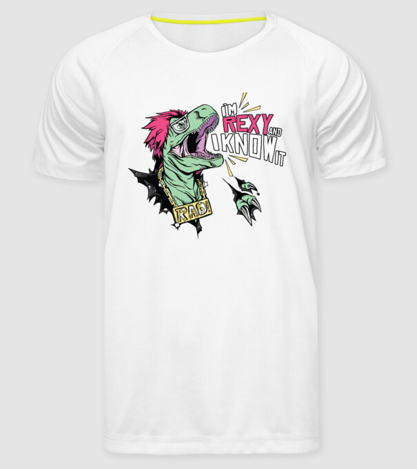 'I''m Rexy and I know it - tricou dinozaur amuzant' model alb pe tricou