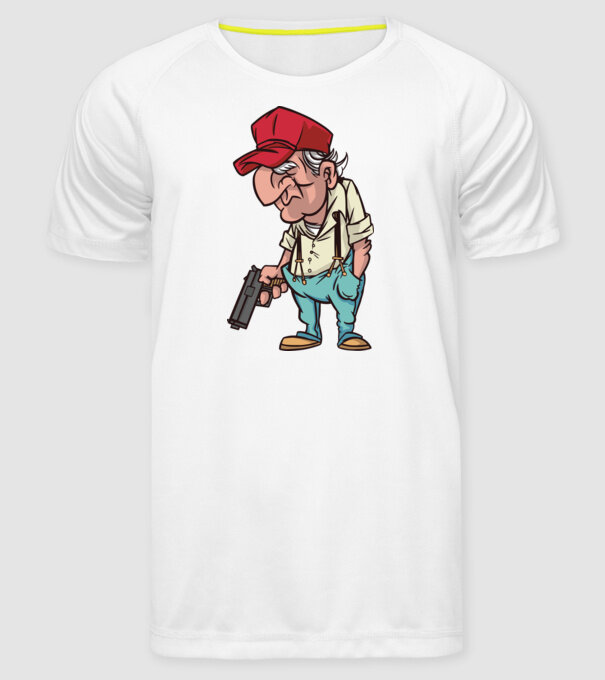Bătrân cu armă model alb pe tricou