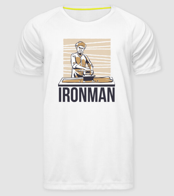 Ironman Om care calcă (montează metal) model alb pe tricou