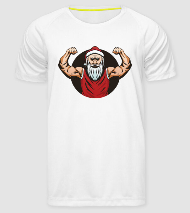 Moș Crăciun musculos model alb pe tricou