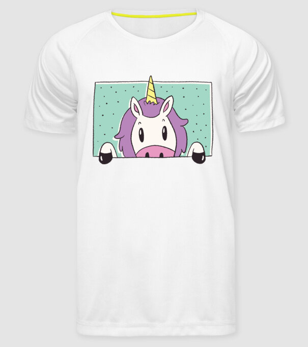 Unicorn curios model alb pe tricou