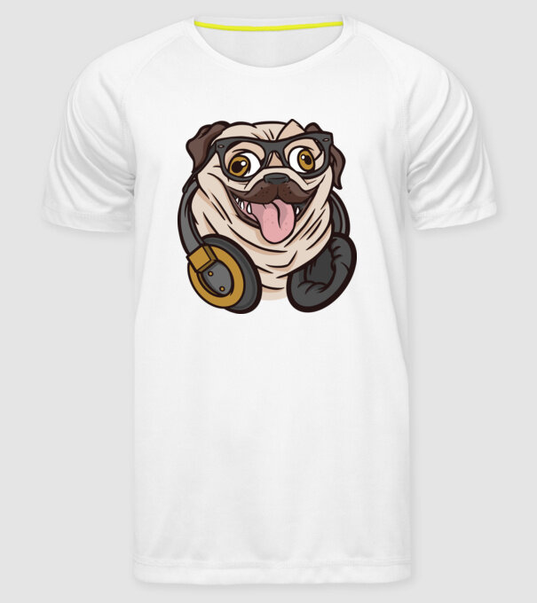 Mops cu căști model alb pe tricou